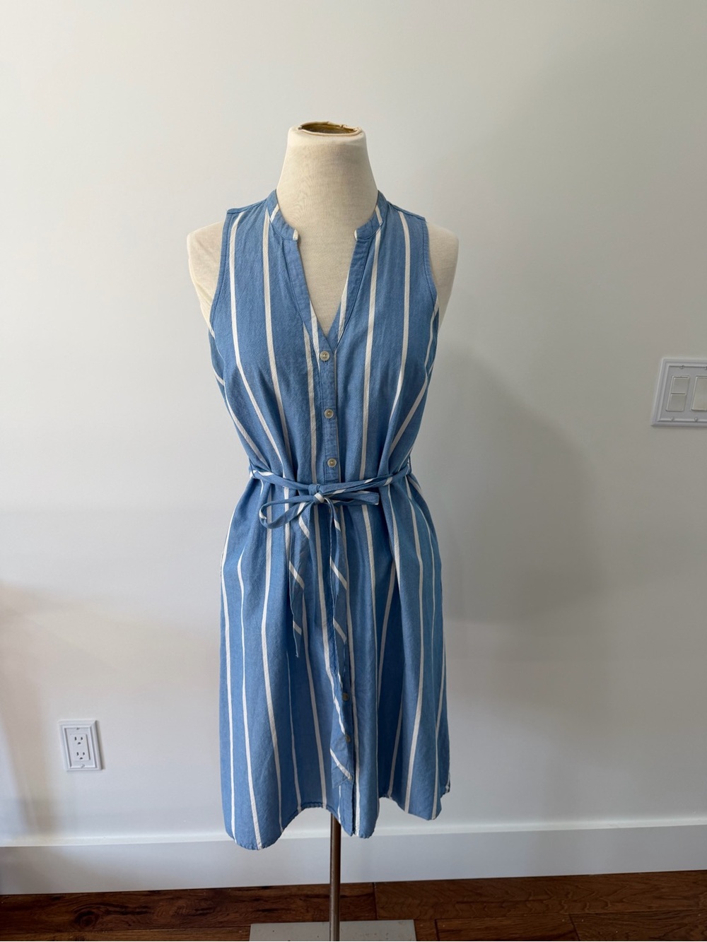 Sleeveless Blue Striped Tie-Waist Tank Dress